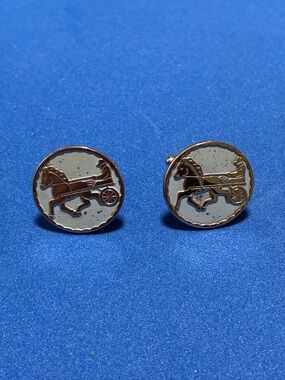 Silver Tone Horse & Carriage Round Cuff Links - Lt. Blue Enamel with silver trim